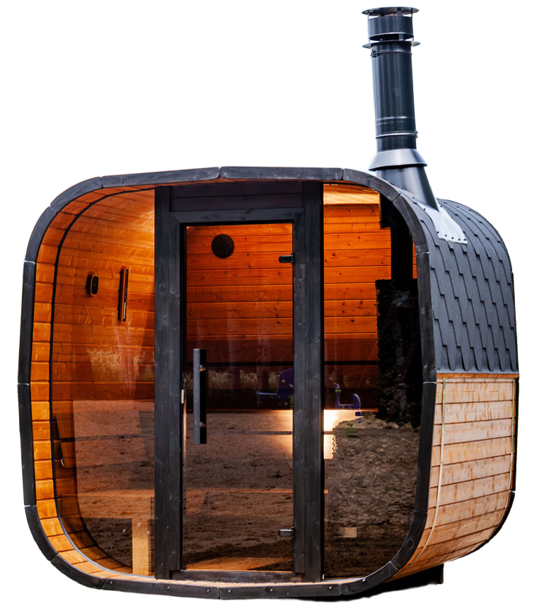 cube sauna tommy with log burning heater panorama sauna